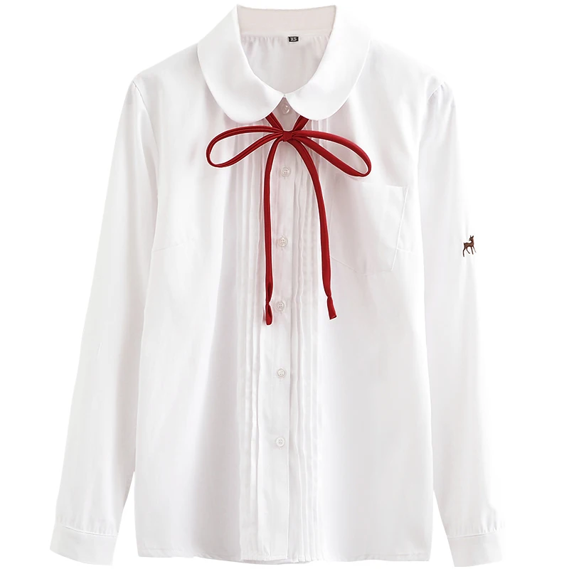 The organ fold shirt short-sleeve cute Peter Pan collar shirt with Forest deer embroidery