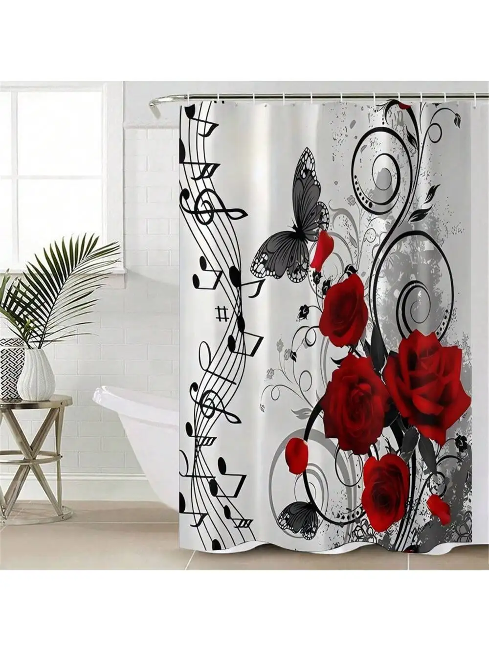 Floral Print Bath Set Shower Curtain Toilet Lid Cover U-Shape Bath Mat Bathroom Accessories Hooks 4pcs
