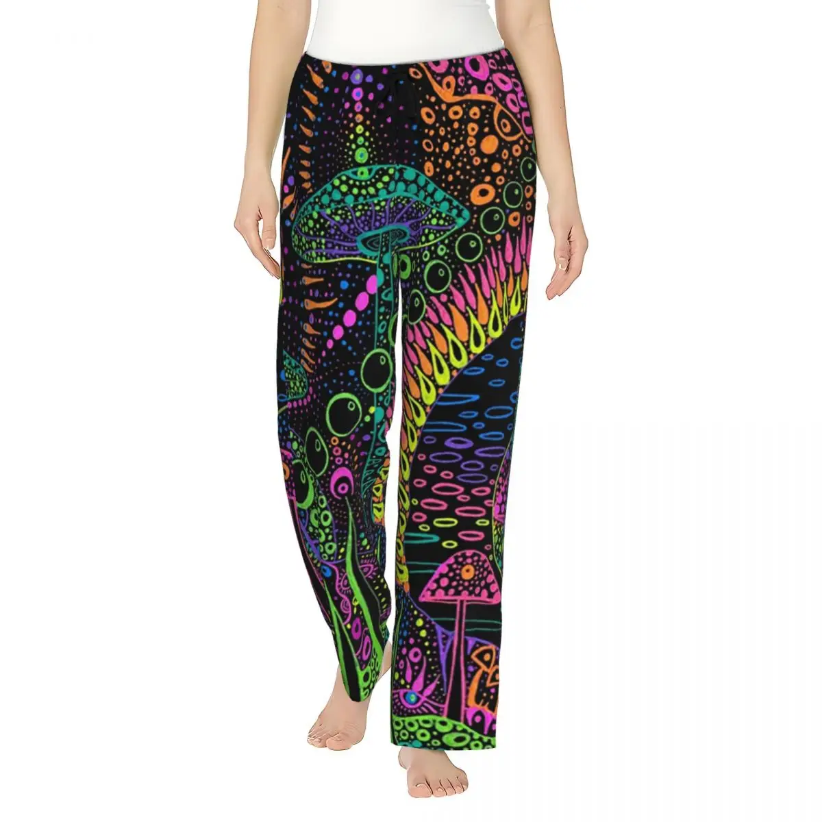 

Custom Magic Mushroom Trippy Psychedelic Neon Pastel Goth Pajama Pants Women's Sleep Stretch Sleepwear Bottoms with Pockets