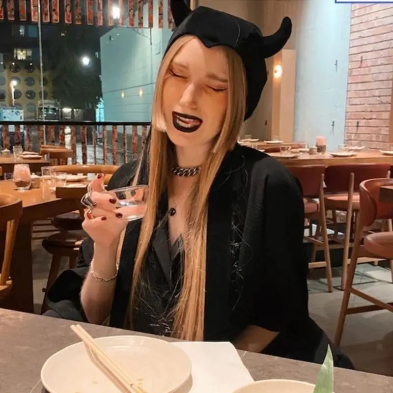 P9FE Große Hasenmütze, Halloween-Hornohren, Halloween-Mütze für heiße Mädchen, Y2K-Mädchen – Detail 8