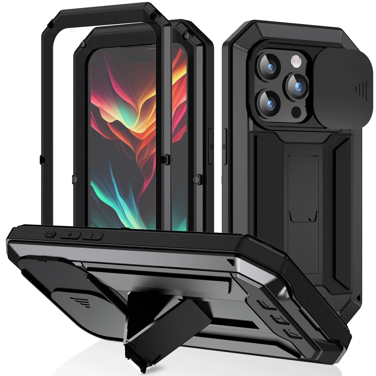 

Роскошный противоударный металлический чехол R-just для Iphone 15 Pro Max Plus с подставкой и встроенным защитным экраном для камеры
