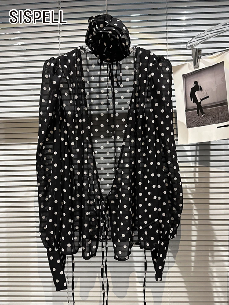 

SISPELL Sheer Polka Dot Blouses For Women V Neck Long Sleeve Patchwork Floral Hit Color Casual Shirts Female Summer 2023 Style
