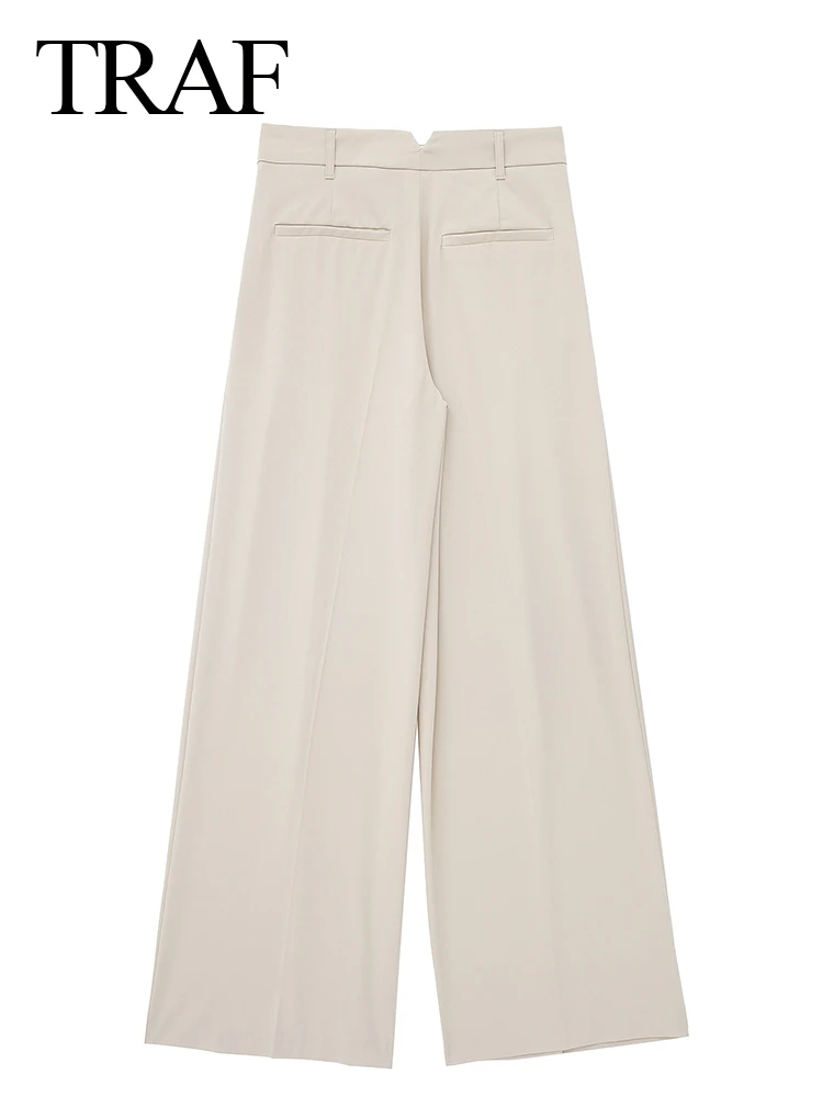 TRAF 2024 Women Casual Solid Wide Leg Pants Female Vintage Summer High Waist Pleated Women's Pants Streetwear Chic Lady Trousers