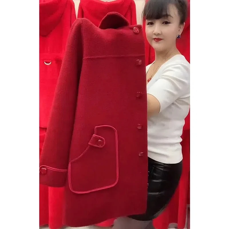 어머니 중간 길이 캐시미어 양면 울 코트, 한국 봄 중년 여성 니트 카디건, 모직 재킷, 가을 겨울