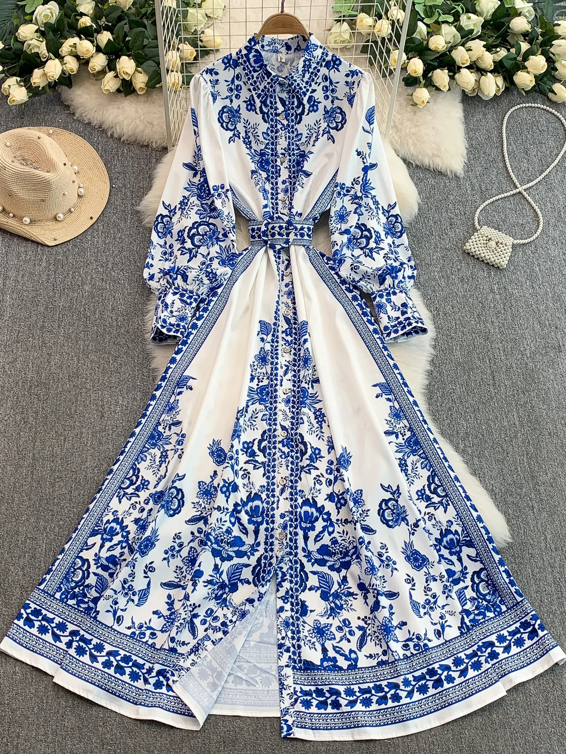 Retro Print Lantern Sleeve Dress Women Slimming High End Single Button  Waist Cinch Long Skirt Spring Summer Korean Style - AliExpress 200000345