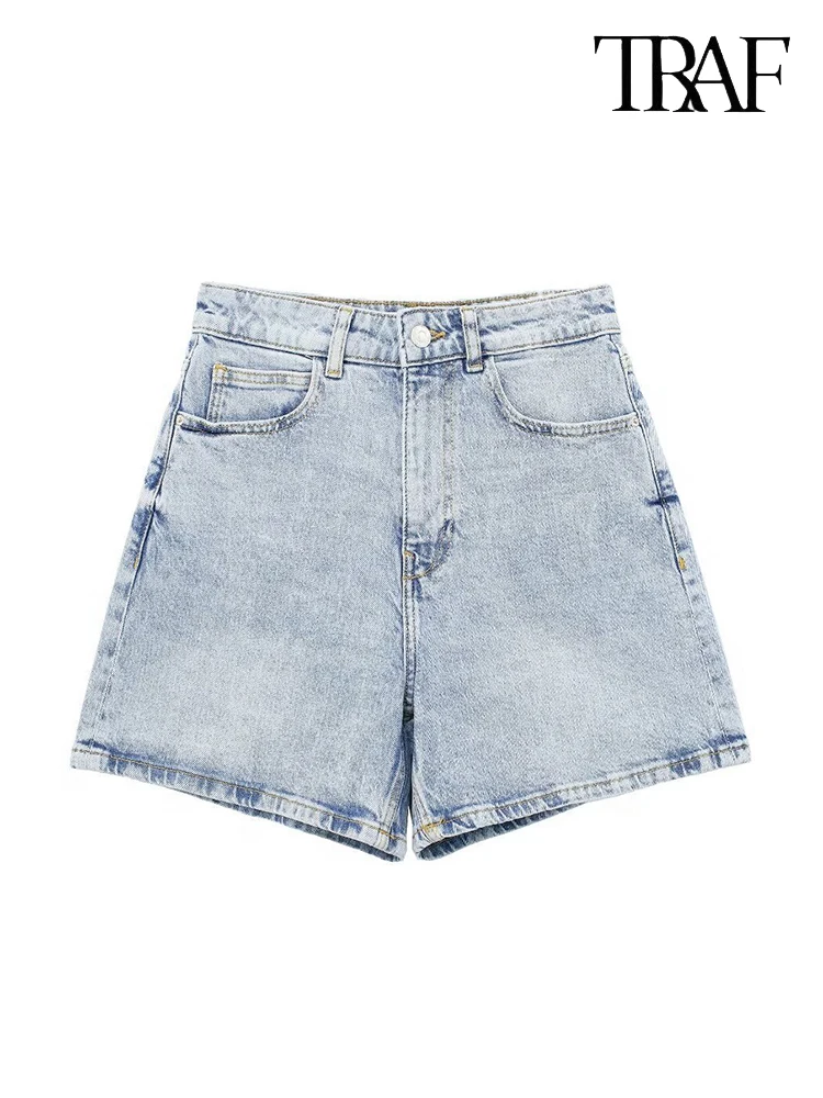TRAFZA Women's Blue High Waist Denim Shorts Button Closure Jeans Summer Casual Comfortable Shorts Fashion Vintage Women's Pants