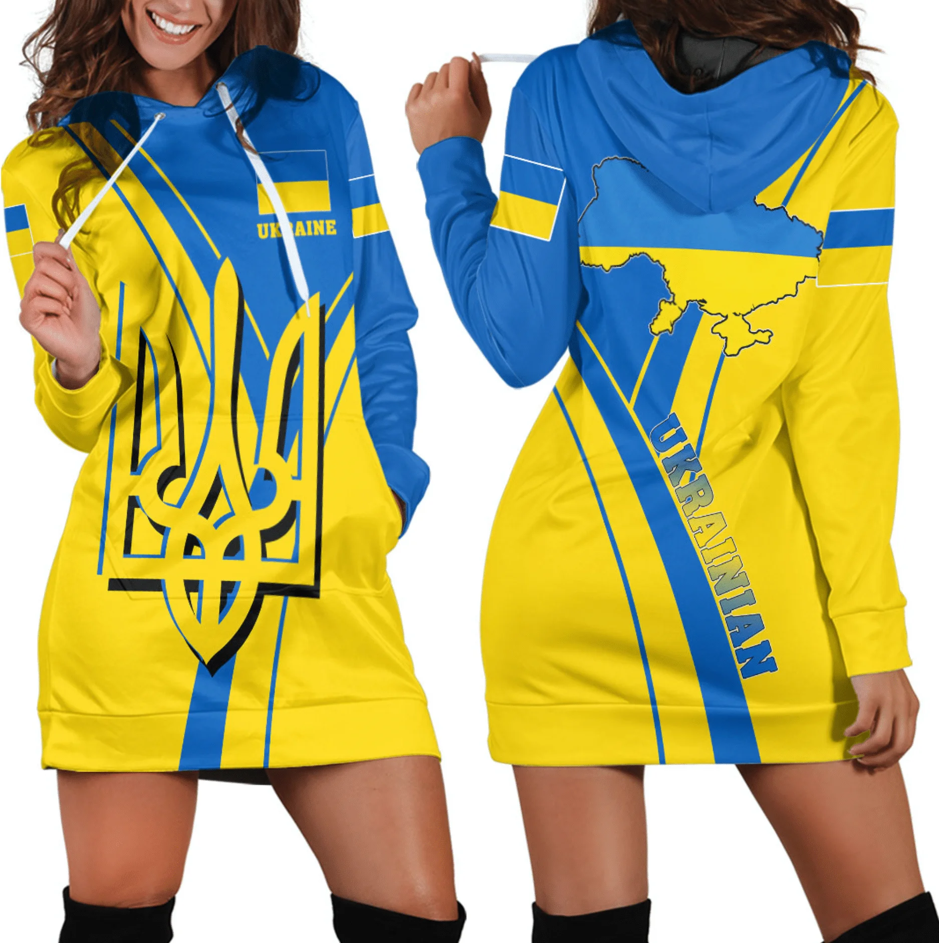 

Ukraine Gold Trident 3d Women Hoodie Dress Custom Name Retro Harajuku 3d Printed Flag Pullover Casual Sexy Women Hoodie Dress