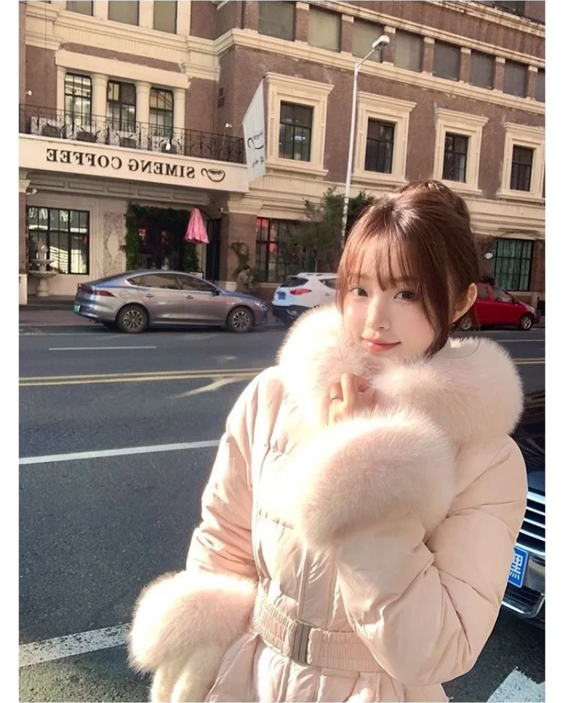 Chic Women's Cotton Padded Jackt with Large Fur Collar Waist-Cinching Mid-Length Parkas Korean Trendy Warm Commute Outerwear