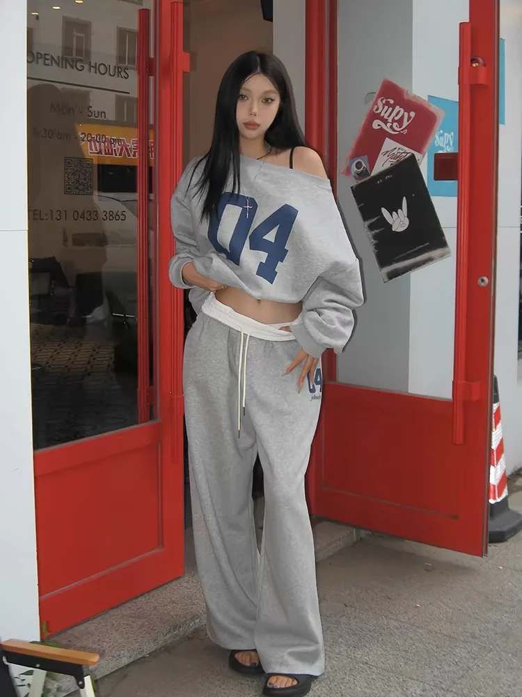 HOUZHOU Casual 2 Piece Sets Women Outfit Pant Sets Oversized Korean Style Jersey Set Vintage Letter Print Off Shoulder Tracksuit 5