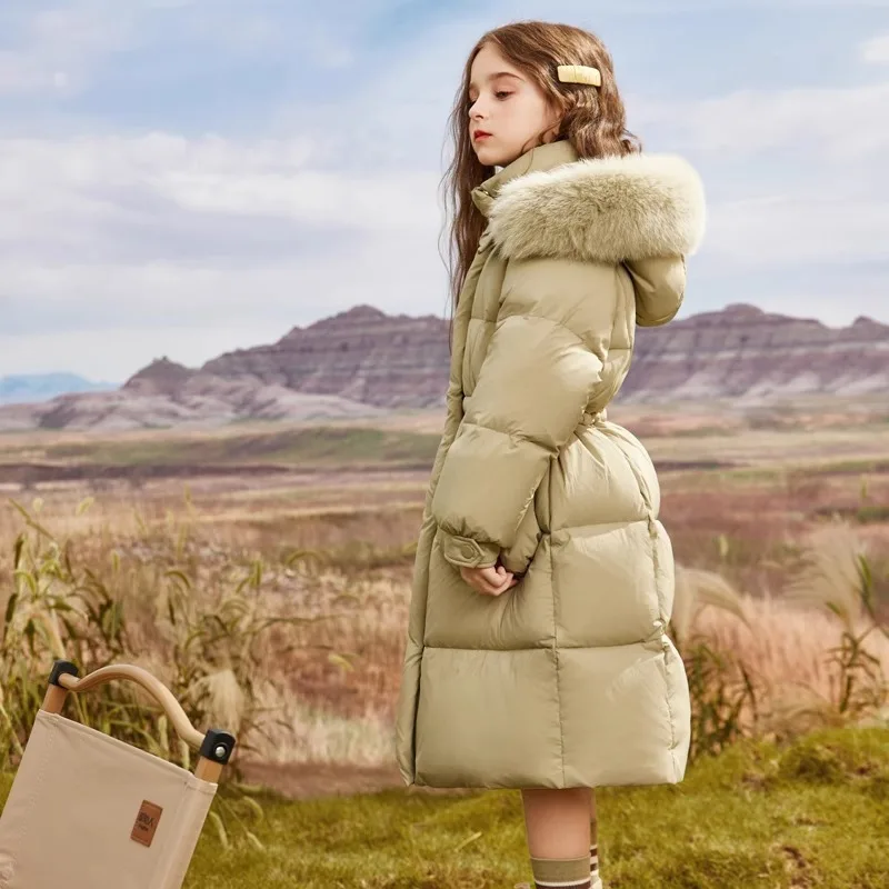 Girls' down padded jacket medium long coat 5-14 years old children's thick coat girl's woolen collar padded winter