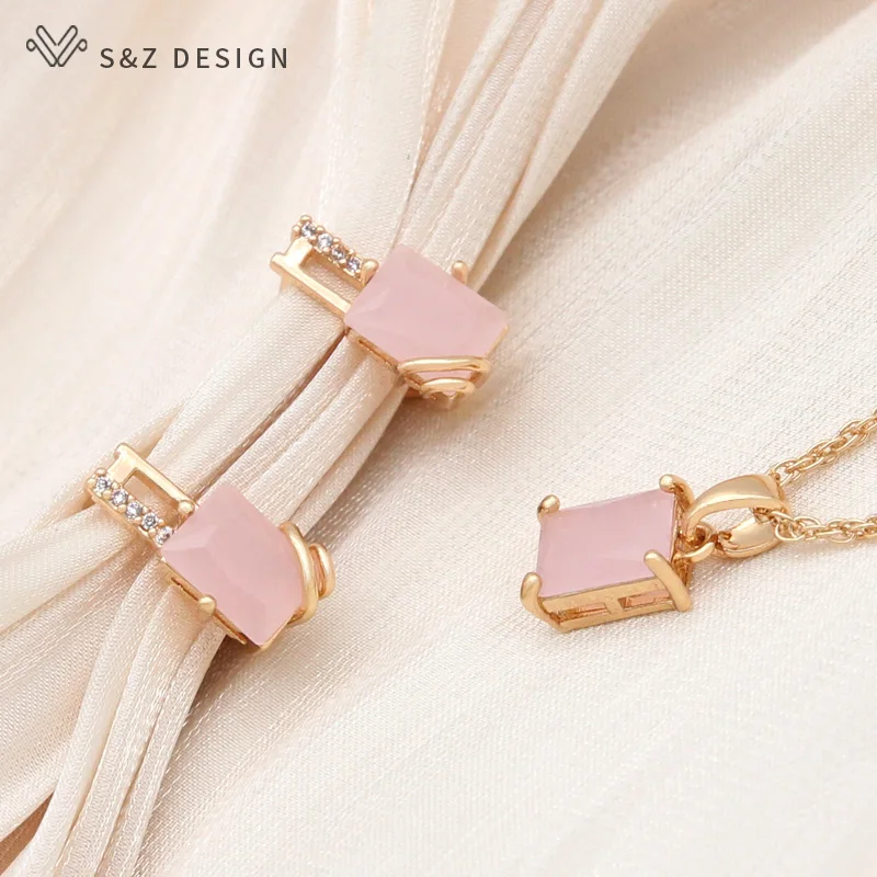 S&Z DESIGN New Champagne Gold Color Rectangle Crystal Dangle Earrings Jewelry Sets For Women Wedding Zirconia Pendant Necklace