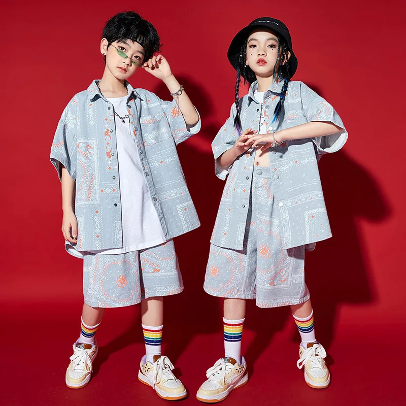 Boys Modern Street Dance Clothes Print Short Sleeve Shirt Shorts Kids Summer Kpop Outfits Girls Hip Hop Catwalk Show Costume New