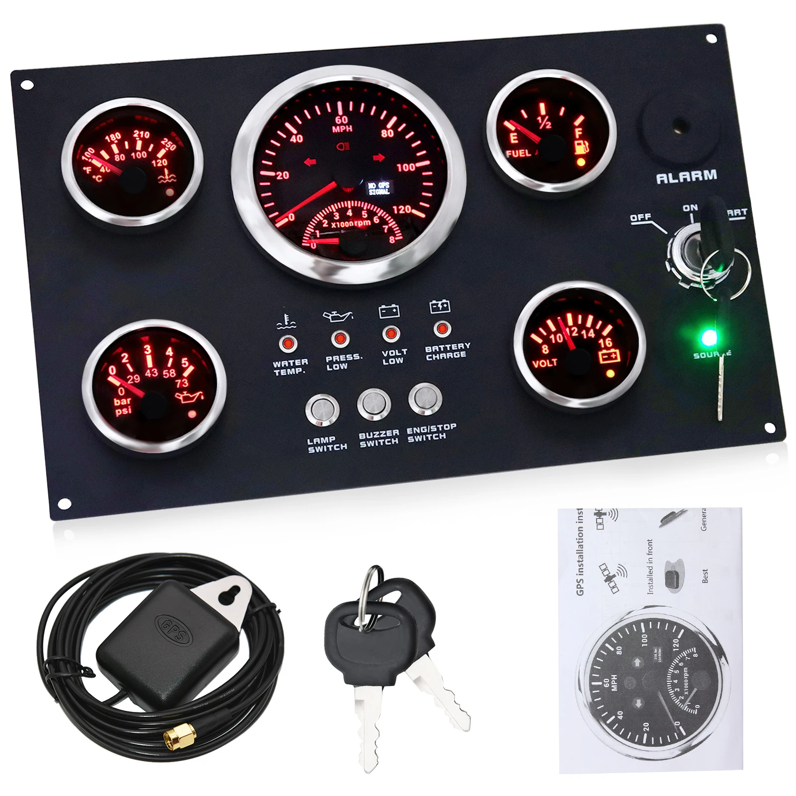 

A 5 Gauge Set with Instrument Panel 0-120MPH/0-8000RPM Red LED GPS Speedometer Fuel level Oil Pressure Gauge For Marine Boat Car