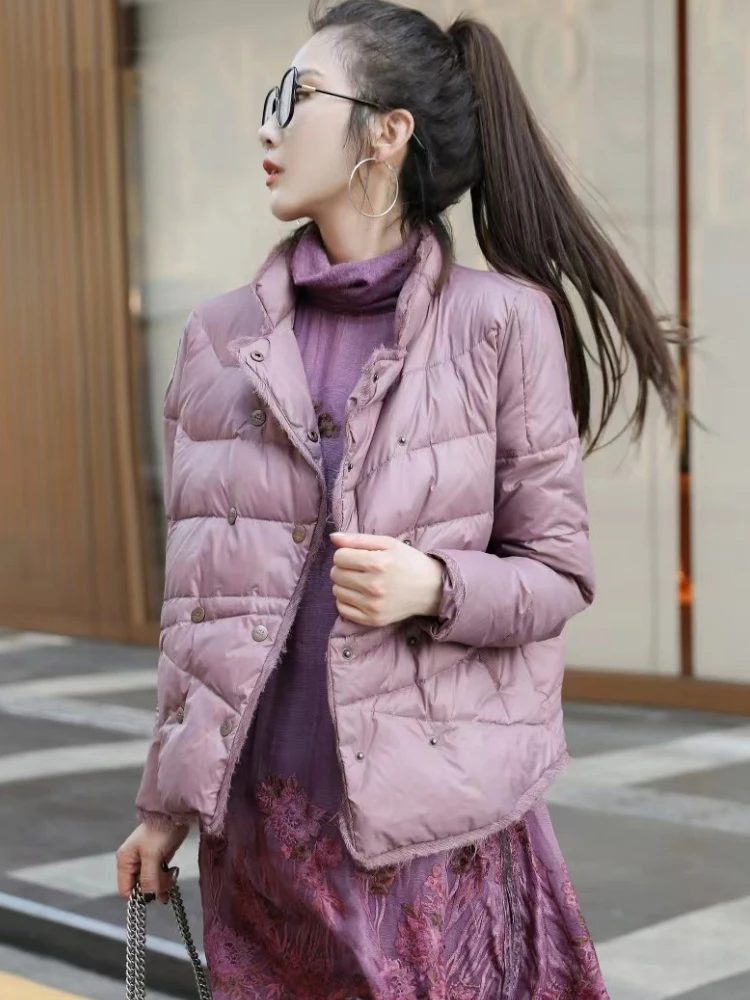 

Female 2022 Warm Winter New in Outwears 90 Goose Down Coats Loose Casual Button Lapel Solid Color Short Puffer Down Jacket Women