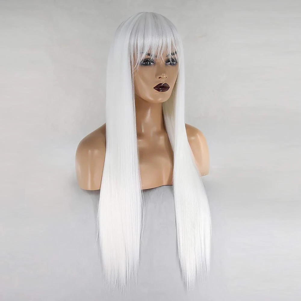 Long Straight White Synthetic None Lace Front Wig with Bangs for Women Natural Middle Part Color Cosplay Daily Wear Wigs images - 6