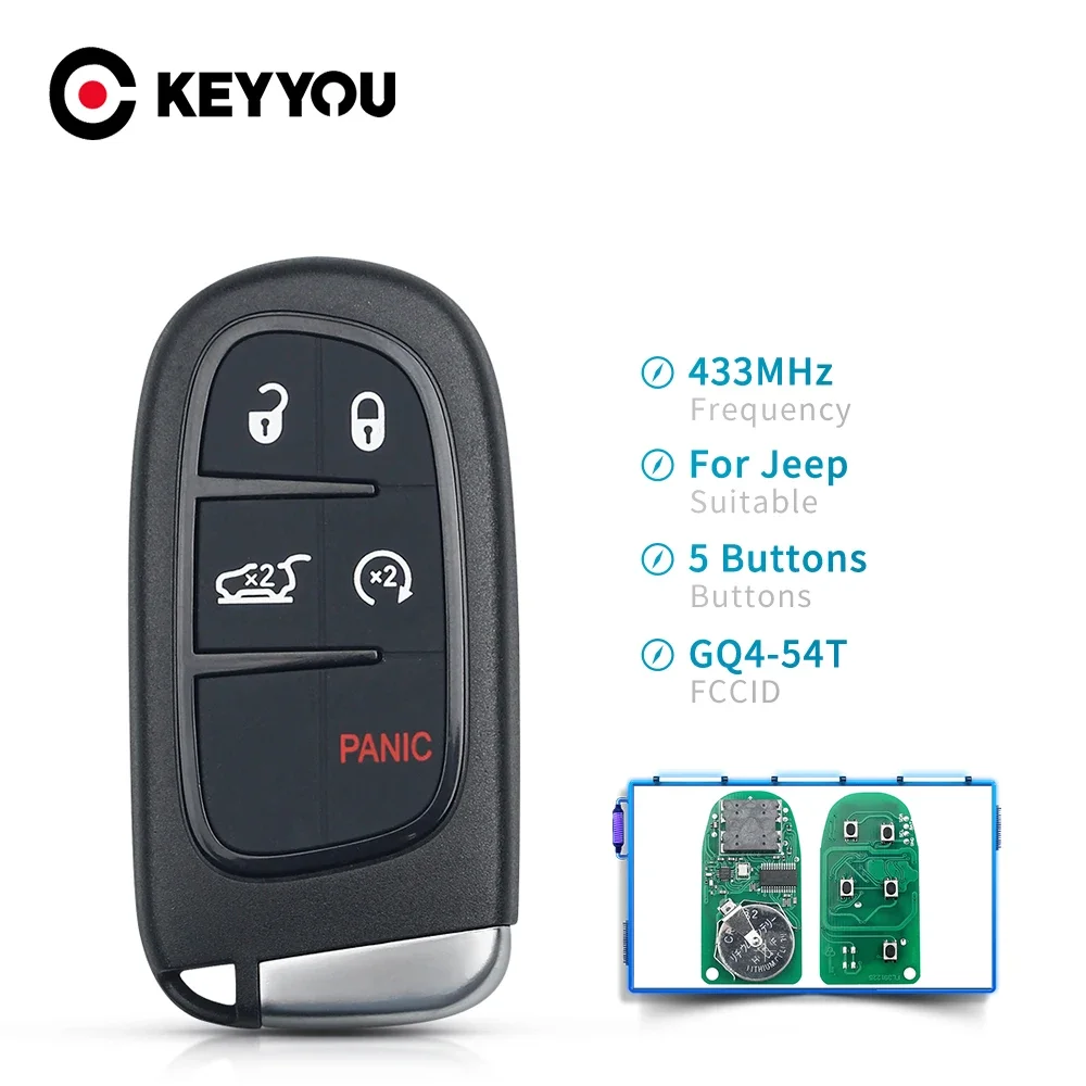 

KEYYOU For Jeep Cherokee DODGE RAM Durango Chrysler FCCID GQ4-54T 4A Chip 5 Button Replacement Smart Remote Key Card 433MHz