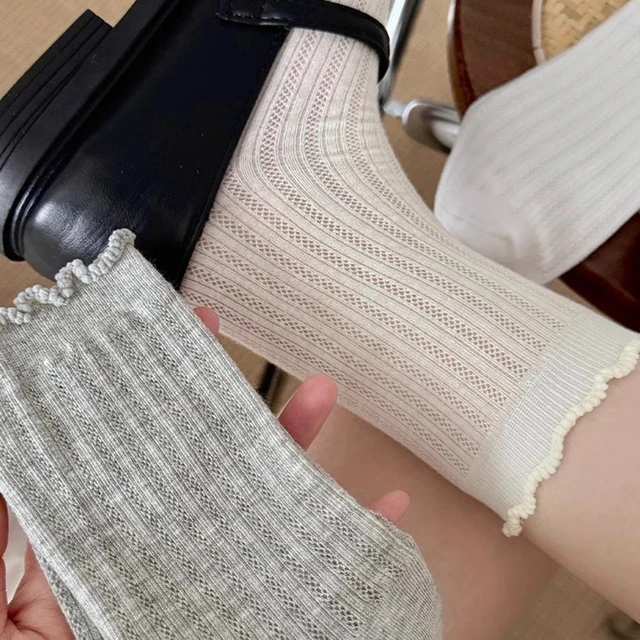 5 Pairs Women Solid Color Mesh Mid Tube Socks Summer Lightweight Breathable Fashionable Wavy Edge Ballet Style Casual Socks 2