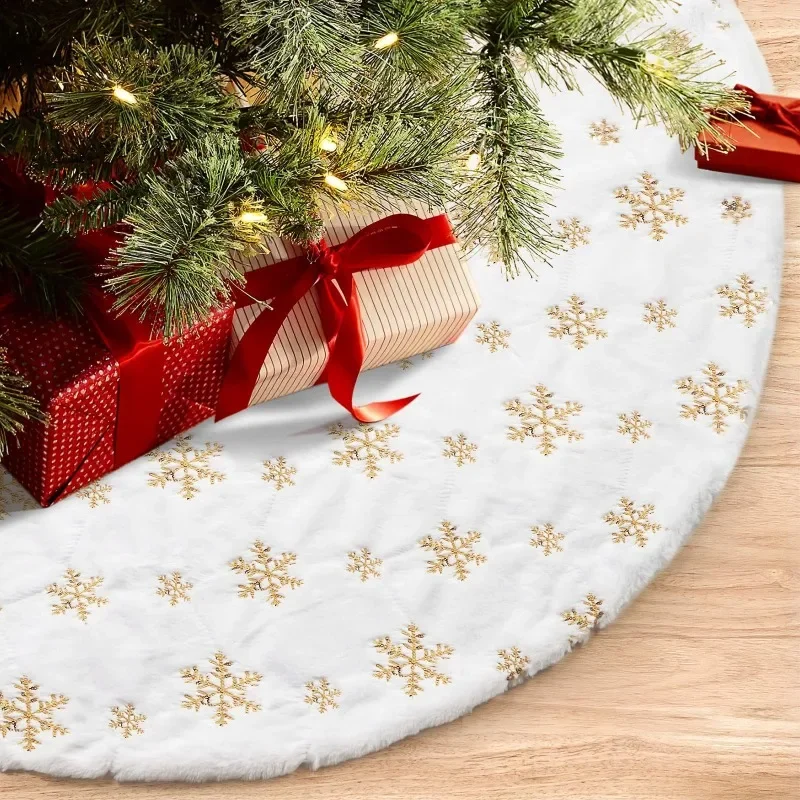 60/90/122cm Gold Pearl Pequin Christmas Tree Skirt for Xmas Tree Holiday Party White Plush Silver Snowflake Home Decoration
