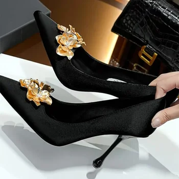 Luxury Satin Designer Women Pumps 2025 Sexy Pointed Toe Gold Flower Decoration Thin High Heels Fashion Banquet Dress Mules Shoes