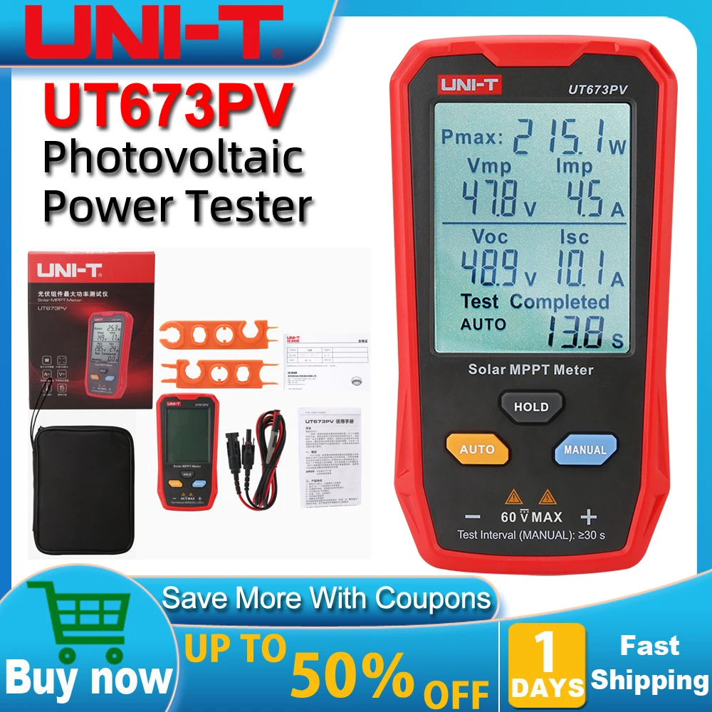 

UNI-T UT673PV Solar MPPT Meter 5~800W PV Module Maximum Power Tester Open Circuit Voltage Short Circuit Current Lmp Vmp Test