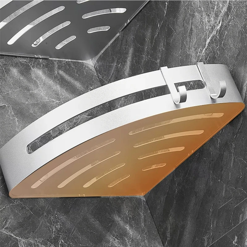 Schwarz/Silber Aluminium Eckregal für Bad und Küche mit Haken, Shampoo-Abtropfkorb und Halterung – Detail 6