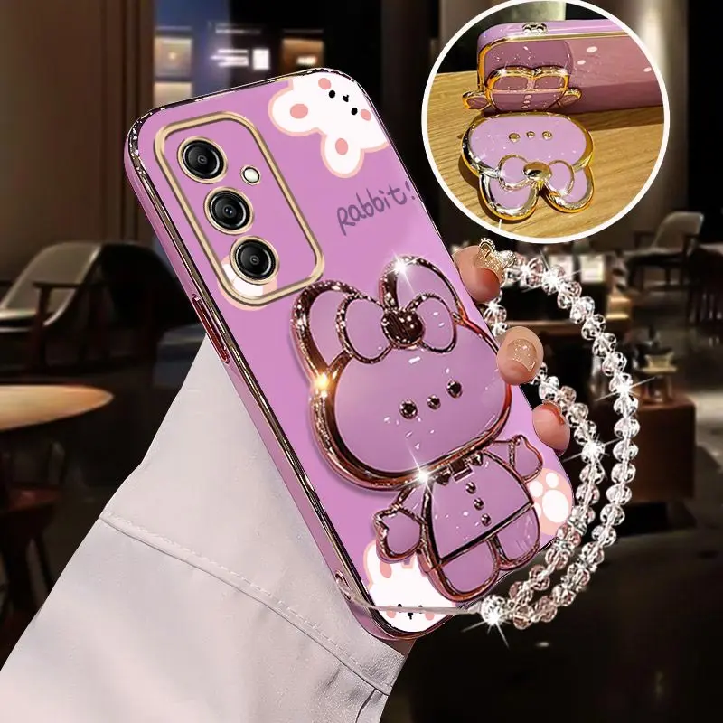 Elegant Diamond Wrist Strap Phone Holder Case with Rabbit Design and Stand Functionality
