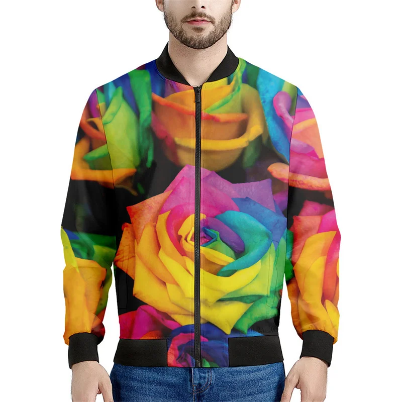 thumbnail image 1 of Chaqueta con cremallera y estampado de flores de rosas para hombre, con plantas 3D, mangas largas, para primavera y otoño, chaquetas de gran tamaño, abrigos, ropa de calle, 1 of 5