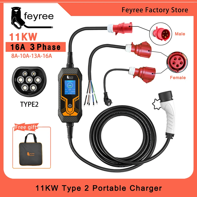 feyree 11KW 16A 3 Phase EV Portable Charger Type2 5M Cable EVSE Charging Box Electric Car Charger CEE Plug for Electric Vehicle khons evse type 2 electric vehicle ev charger with schuko plug adapters 16a adjustable 5m cable portable level 2 fast charging