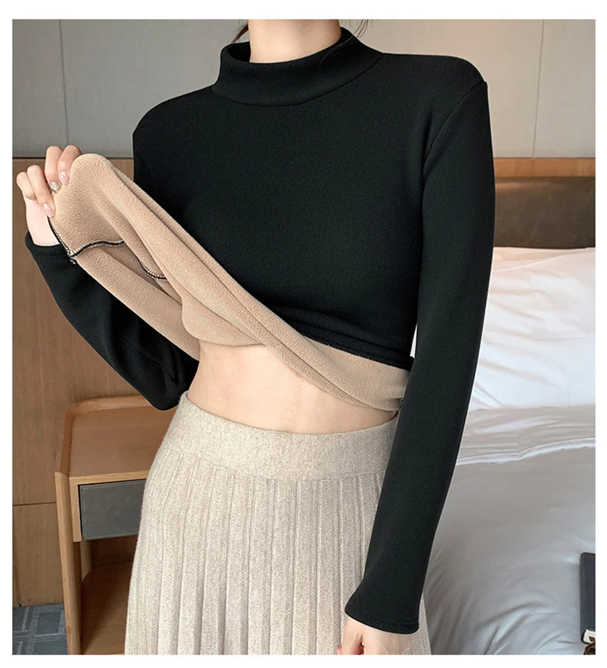 Women's Half high Neck Slim Fit Knitted Base Shirt Fleece Warm Top Autumn Winter Casual Long Sleeved Thicken Sweater Pullovers