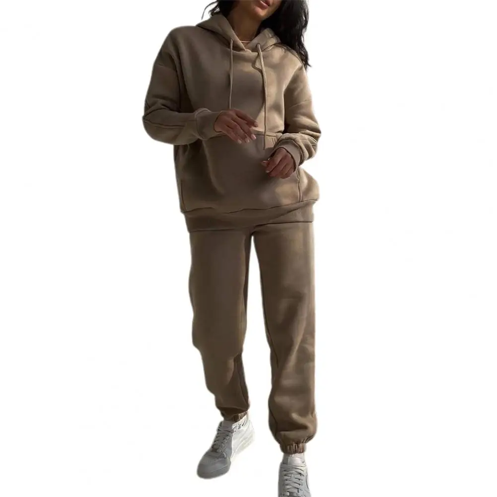 

2 Pcs/Set Women Casual Outfit Hoodie Pants Set Drawstring Elastic Waist Plush Pullover Pockets Lady Fall Top Trousers Set