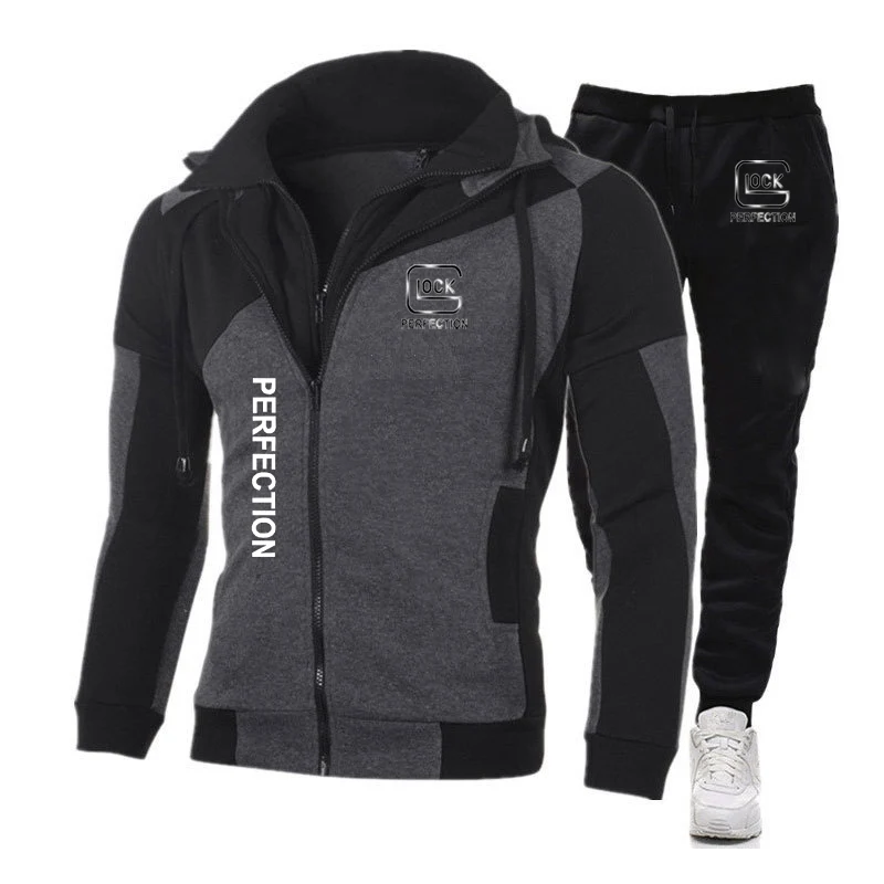 2023 Spring Autumn New Glock Perfection Shooting Printed Fashion Patchwork Double Zipper Hoodies+Solid Color Sweatpants Slim Set