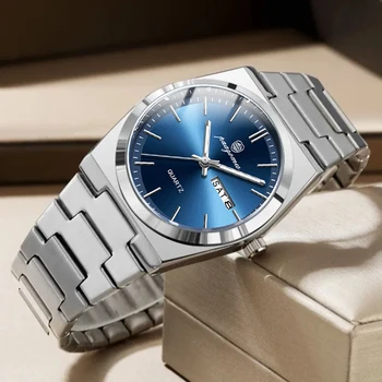 PENGAGAR Fashion New Men Business Watch Leisure Quartz Stainless Steel Buckle Watches Waterproof Luminous Calendar Men's Watches