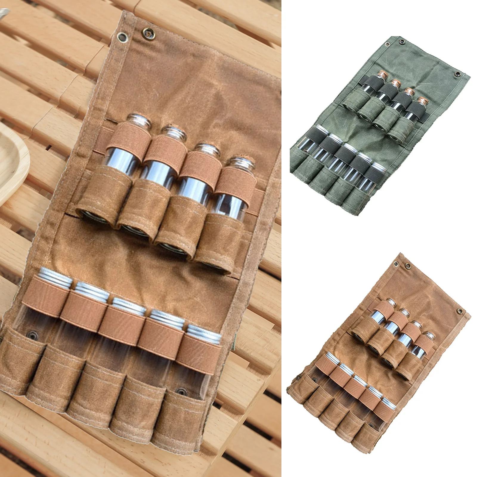 9-hole Seasoning Bottle Storage Bag Foldable Canvas Outdoor Spice Jar Pouch Large Capacity Ultralight Waterproof BBQ Supplies