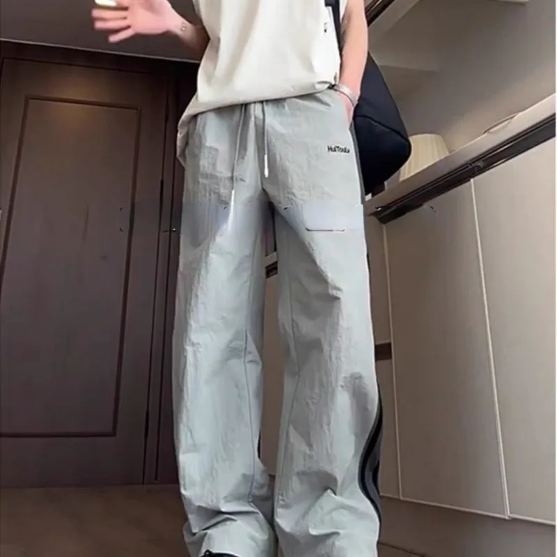 Women Men Casual Black Pants Y2k Sweatpants Splicing High Waisted Summer Thin Design Quick Drying Straight Pants Cargo Pants