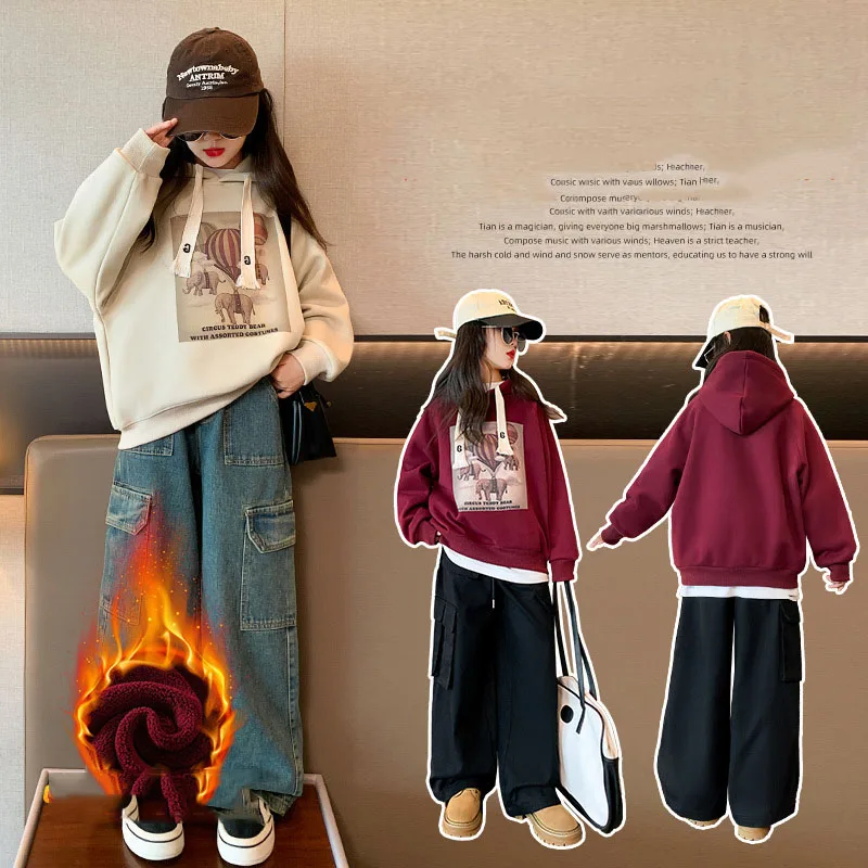 

2023 Korea Autumn Winter Children Girl Sweatshirts Plus Velvet Teenager Girl Hooded Drawstring Sport Shirts Kids Girl 4-12Years