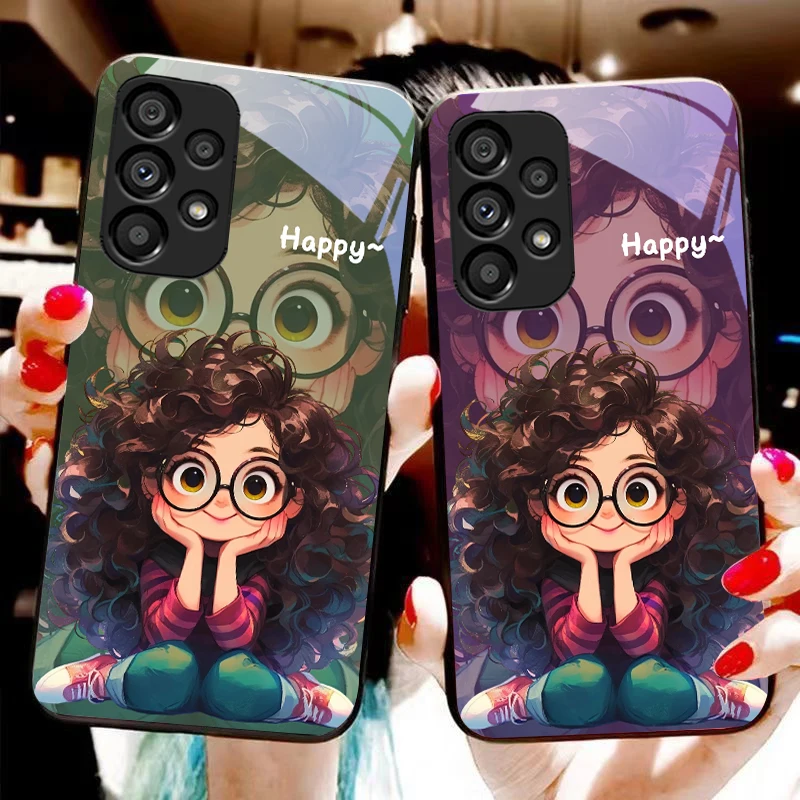 Curly Haired Girl Black Tempered Glass Phone Case - Hard Shell