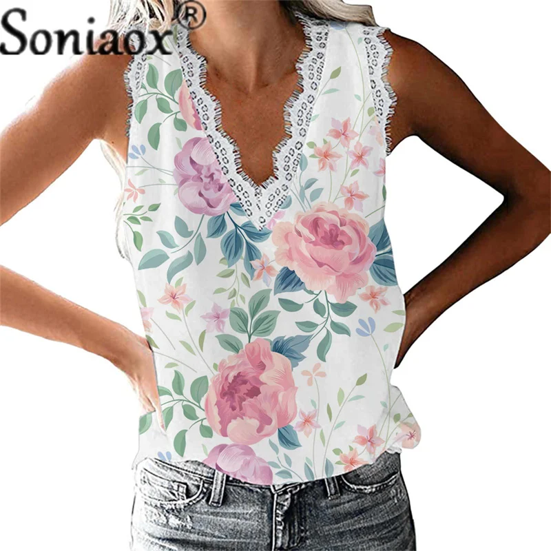 Women's Casual Floral Print Sleeveless V-Neck Shirt Blouse Loose Button Top Womens Summer Tops 