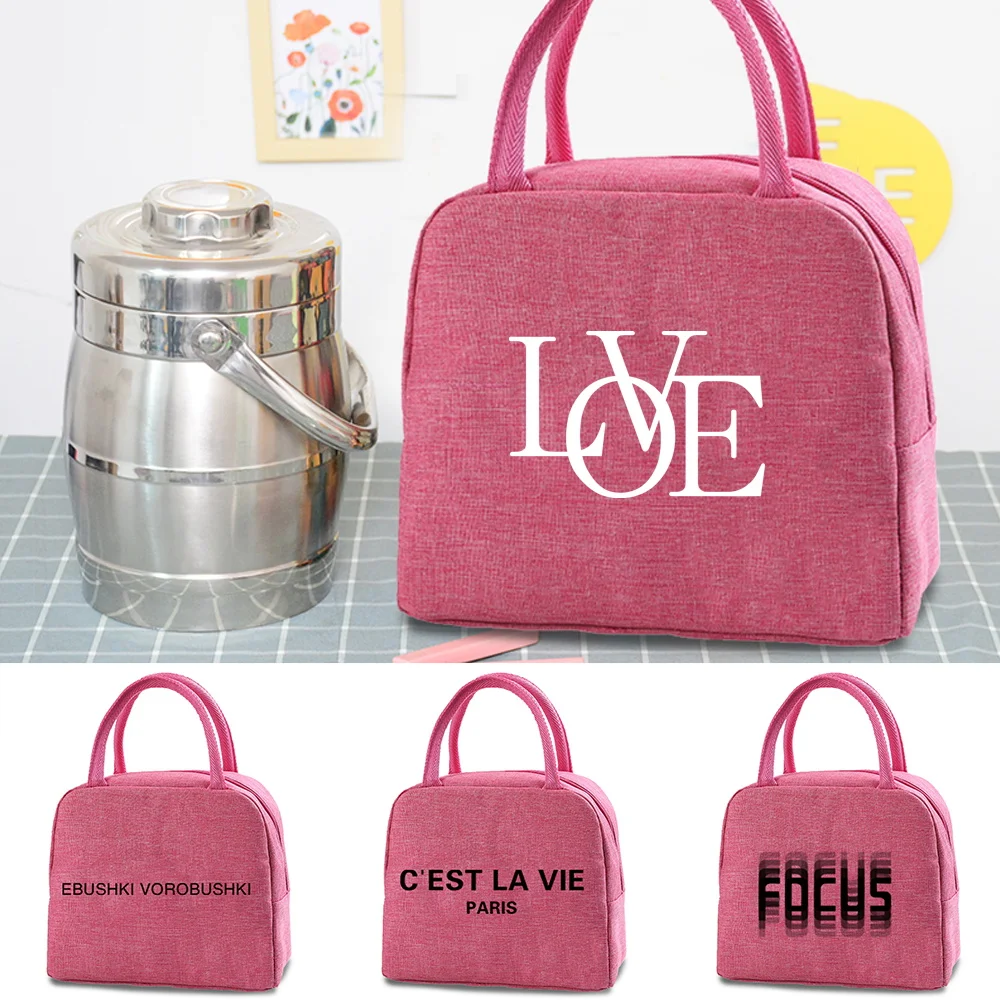 

Text Print Lunch Bag Fresh Cooler Bags Canvas Portable Zipper Dinner Bags for Women Convenient Lunch Box Tote Food Bags Handbags