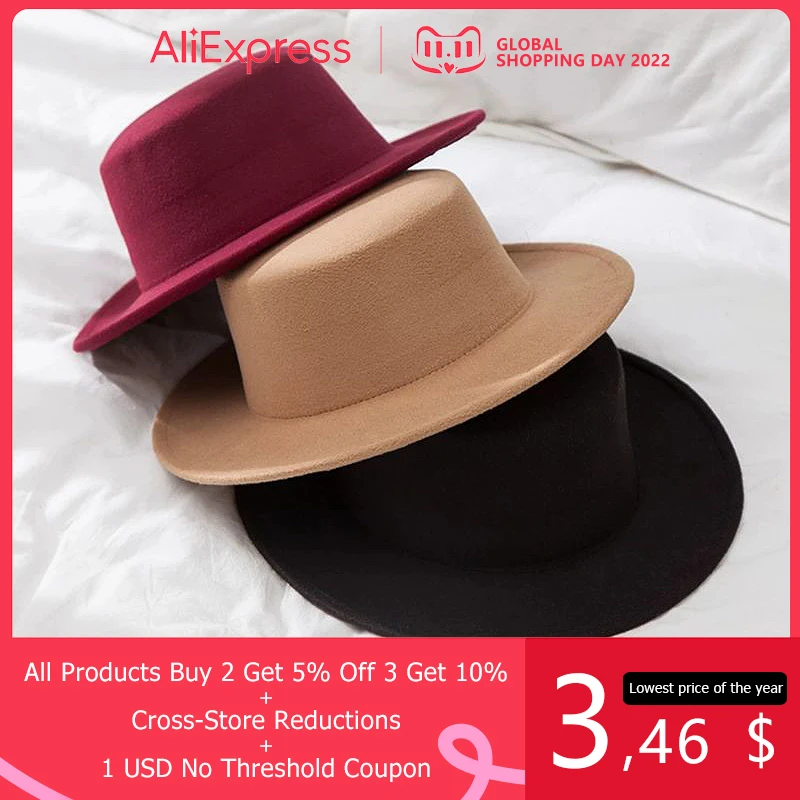Flat Top Fedoras Hats for Women Solid Color Imitation Woolen Jazz Cap