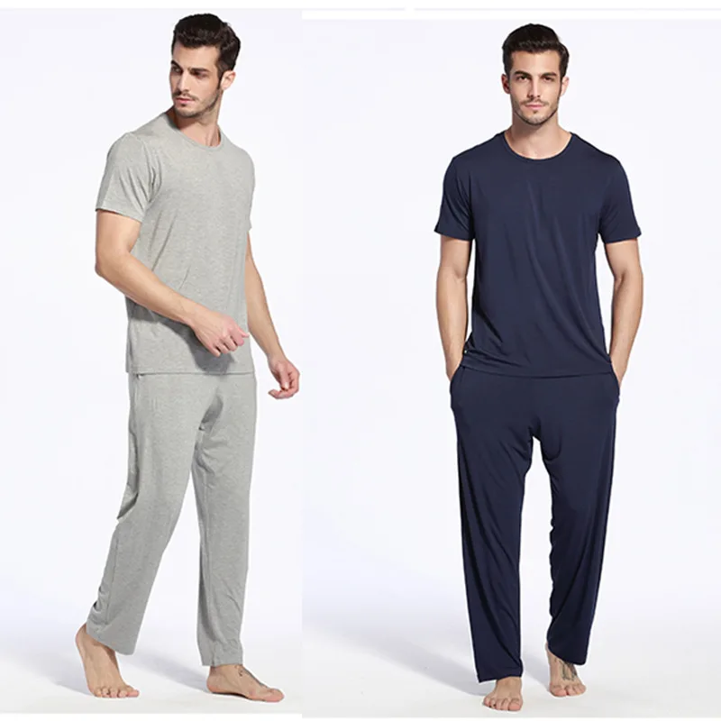 Bamboo Fiber Mens Lounge Wear Comfort Soft Sleepwear For Sleeping Short Sleeve Tshirt Top Male Trouser With Pocket Pajamas Sets