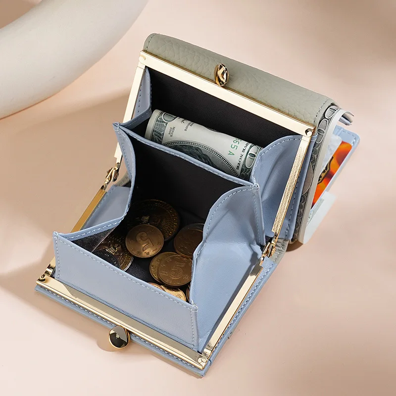 Genuine Leather Women Wallet Luxury Design Mental Hasp Coin Purse Female Fashion Short Wallet Card Holder Trifold Mini Clutch