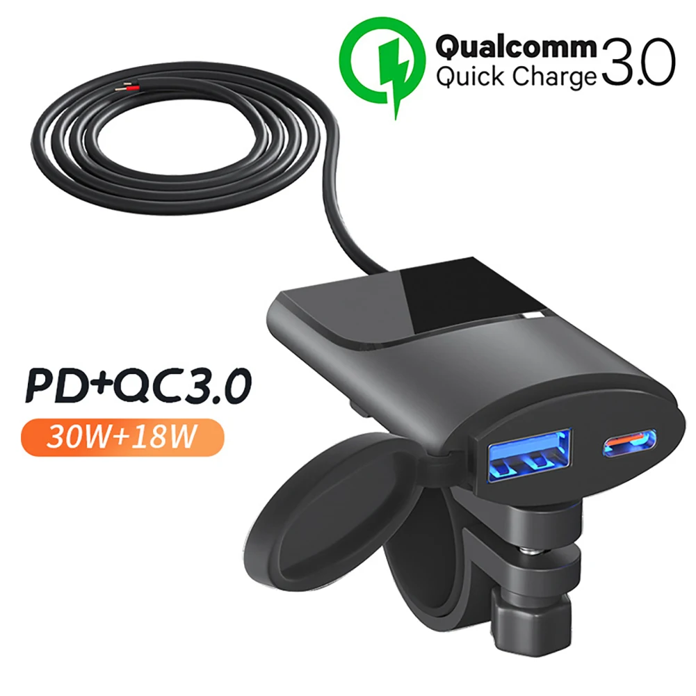 

Motorcycle USB Phone Charger, 30W USB-C PD+18W USB-A Dual Ports Fast Charging Adapter, Waterproof Intelligent Power-Off For Phon