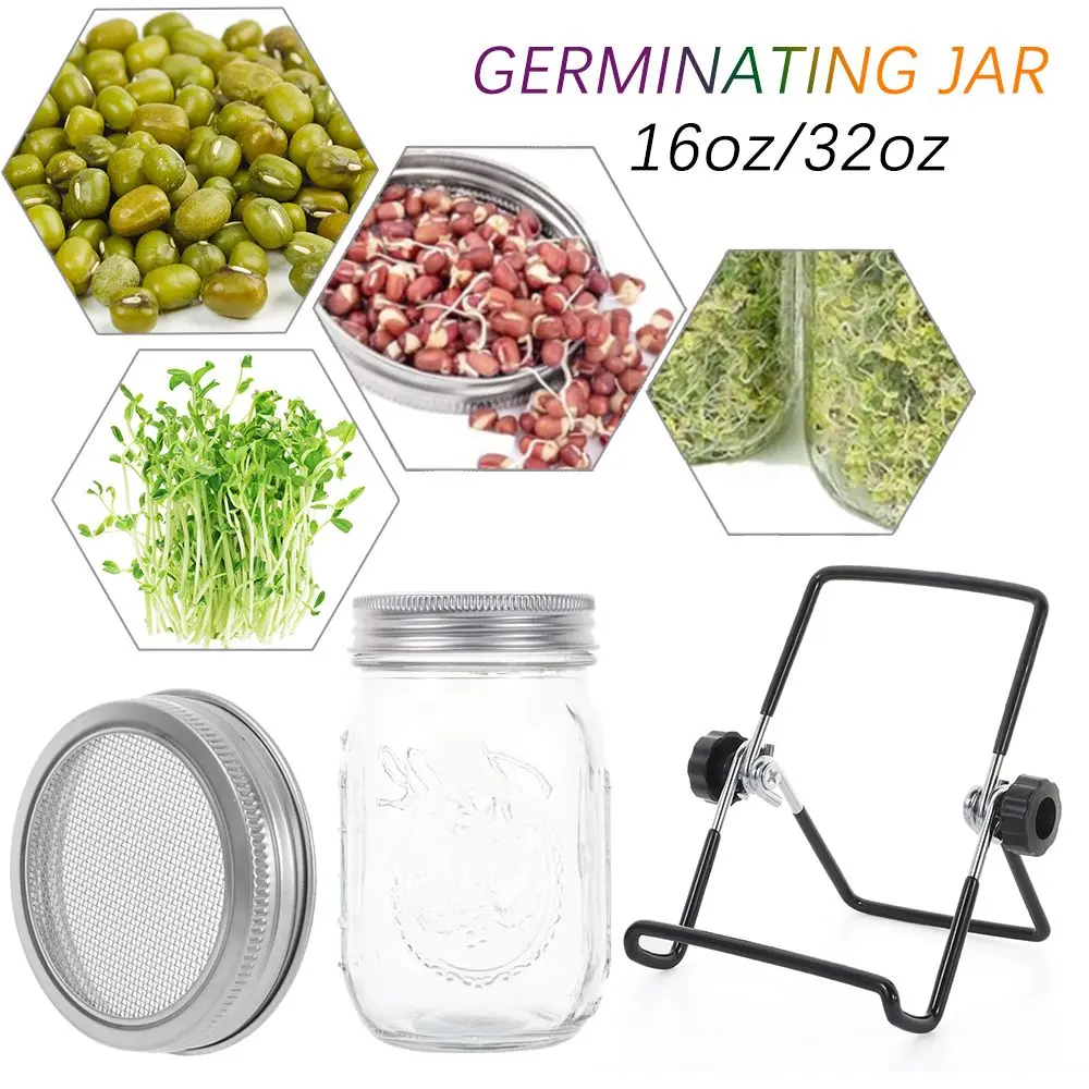 16/32oz Sprouting Jars with Screen Lids Sprouts Growing Kit Wide Mouth Mason Jar Seed Germination Kit Indoor Sprouter Set