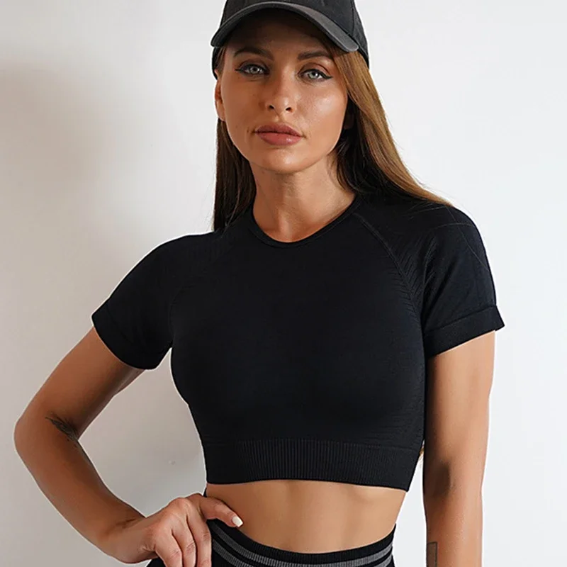 Gym Shirts Seamless Crop Tops Yoga Fitness Women Tights Sports Short Sleeve Running Workout Ombre Sportswear Activewear LANTECH