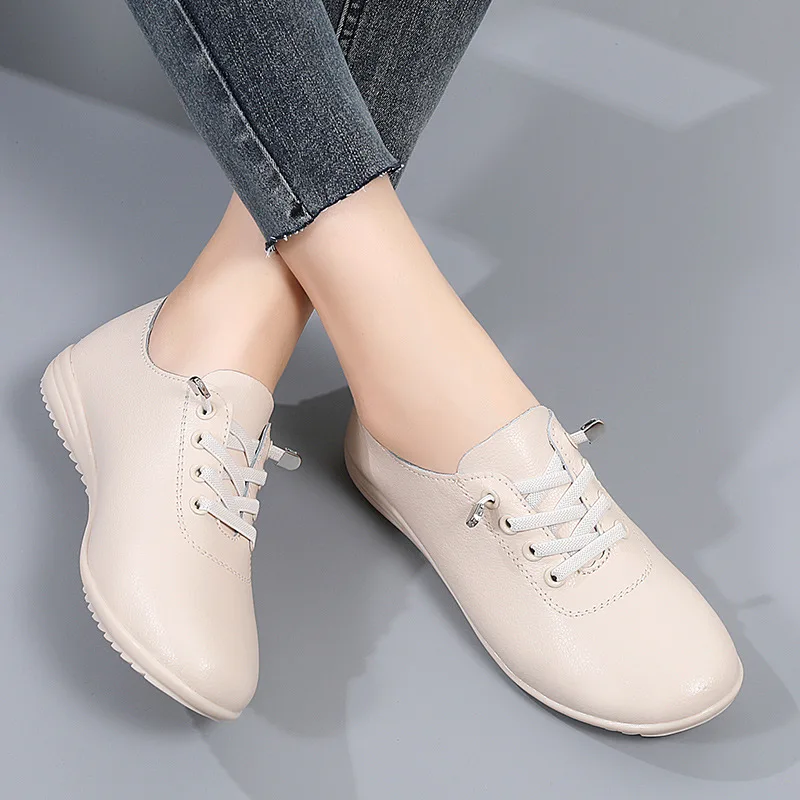 WOIZGIC Female Ladies Women's Genuine Leather Flats Shoes Loafers Soft Moccasins Lace Up Comfortable 2