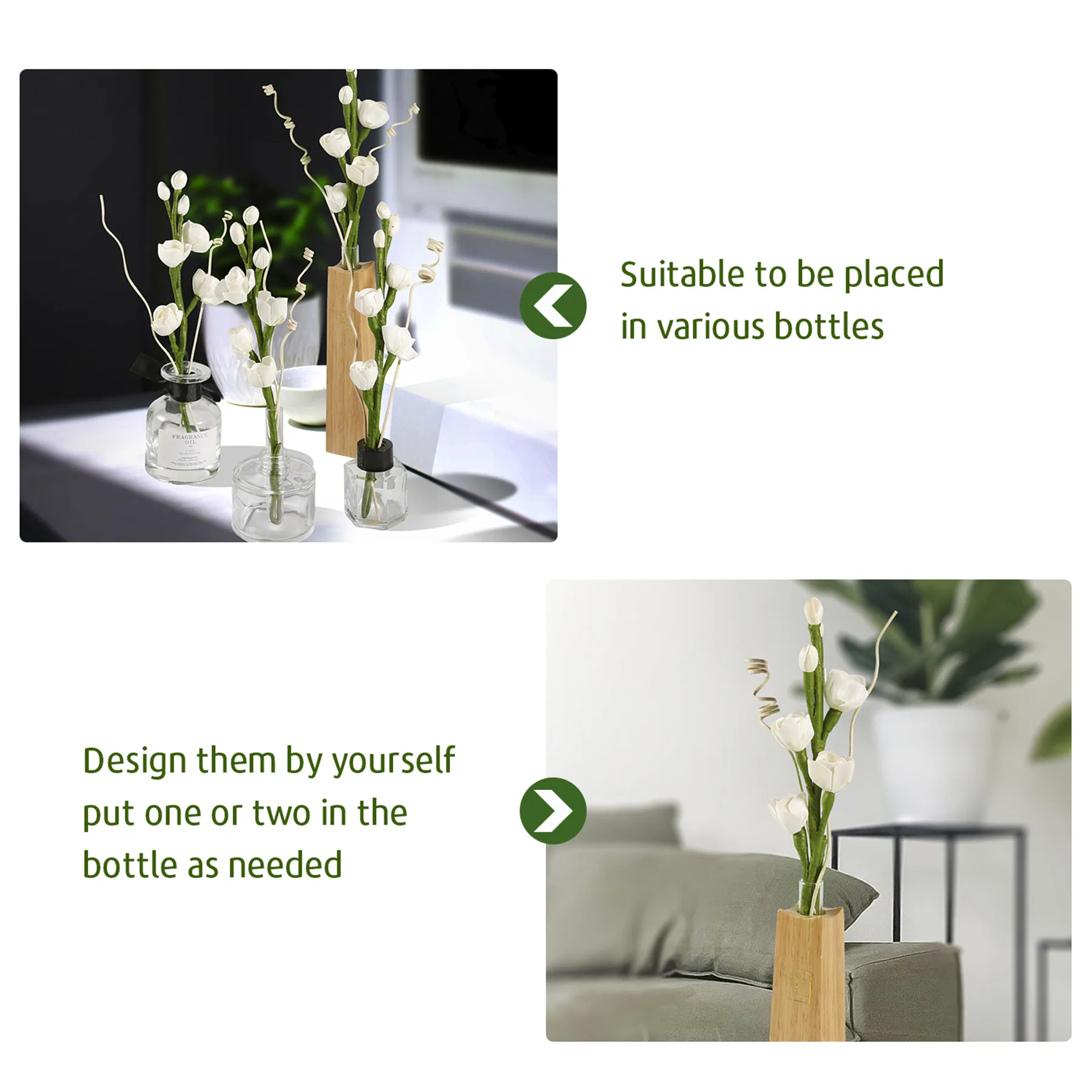 Reed diffuser Sticks Handmade Green Stem Sola white rose wood Flower diffuser sticks Rattan sticks for room fragrance and home d