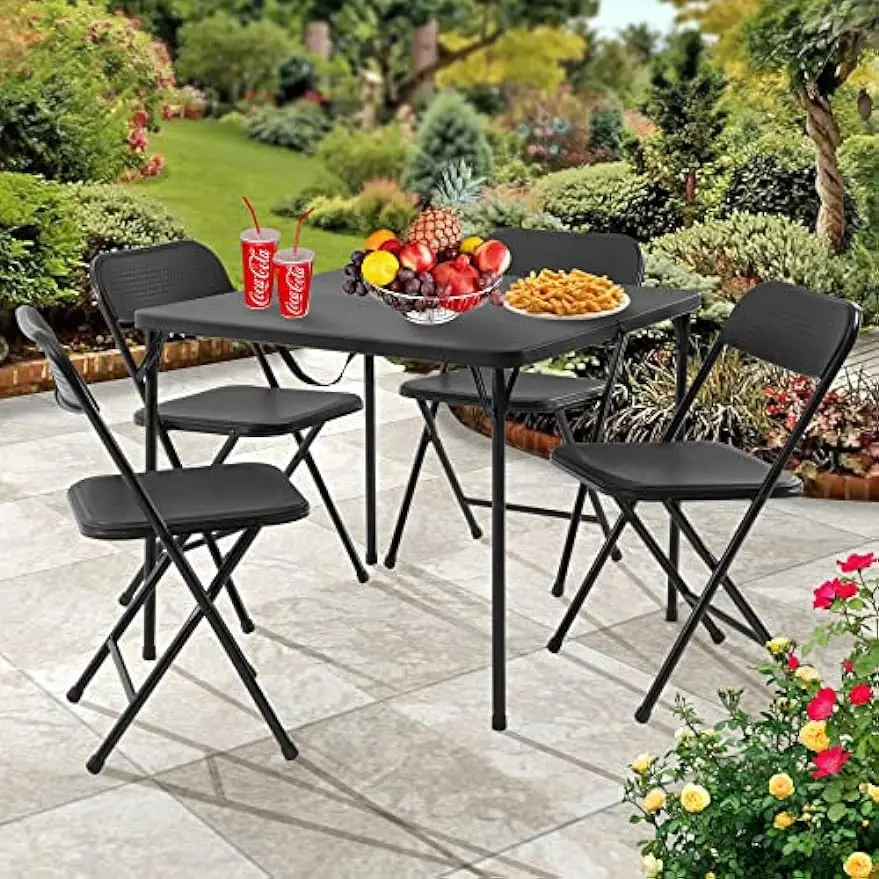 Premium 5-Piece Table & Chair Dining Set, with Top Card Table and 4 Fabric Padded Seat & Back Folding Chairs, Black