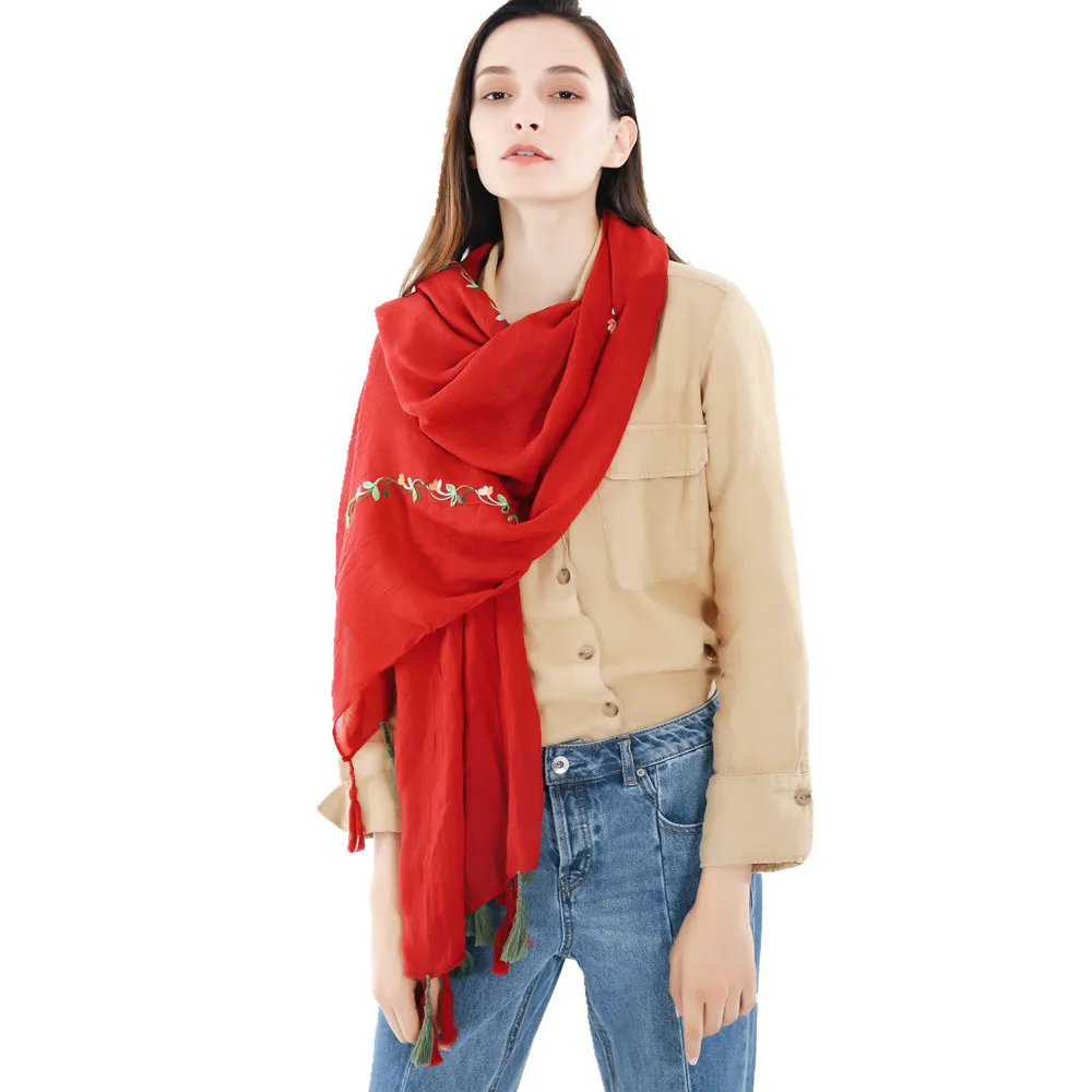 

2022 New Hot Autumn And Winter Solid Color Embroidered Scarf Tassel Cotton Hemp Shawl To Keep Warm