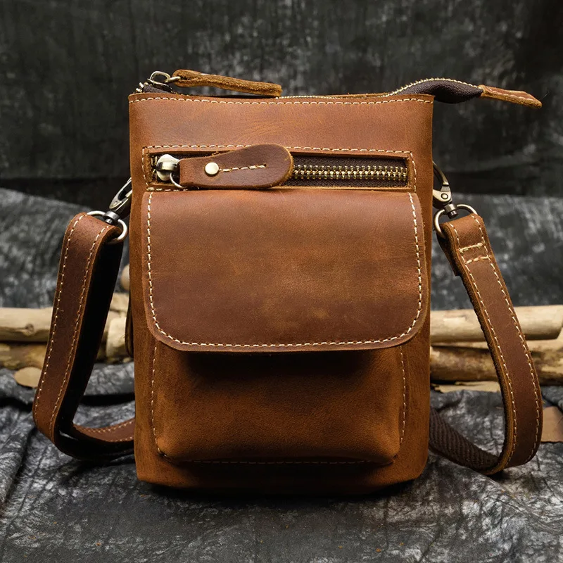 

Crazy Horse Skin Men's Waist Bag Top Layer Cowhide Belt Bag Single Shoulder Bag Small Single Shoulder Crossbody Bag