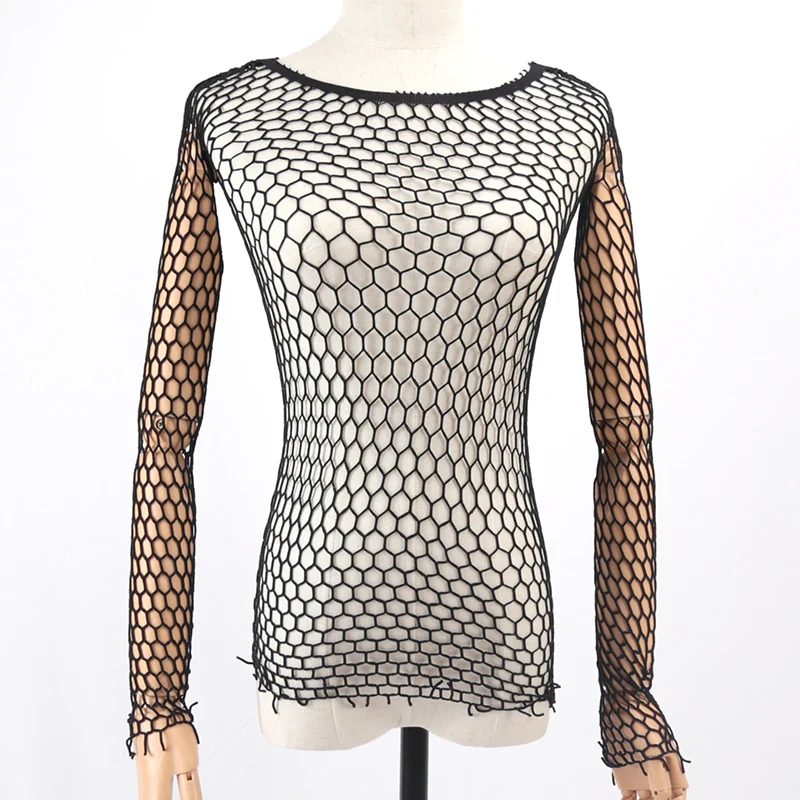 Womens Sexy Mesh Long Sleeve Fishnets Tops Fun Slim Fit Tops Hollow Out See Through Loose Female T-shirts Crop Soft Streetwear